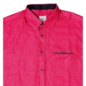 De-Niko Mens Red Black Geometric Print Modal Short Sleeve Button Down Shirt Lg